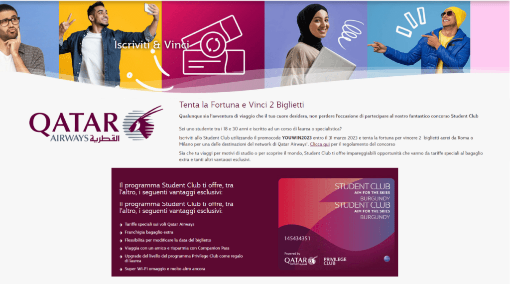 ISCRIVITI ALLO STUDENT CLUB DI QATAR AIRWAYS E VINCI 2 BIGLIETTI AEREI